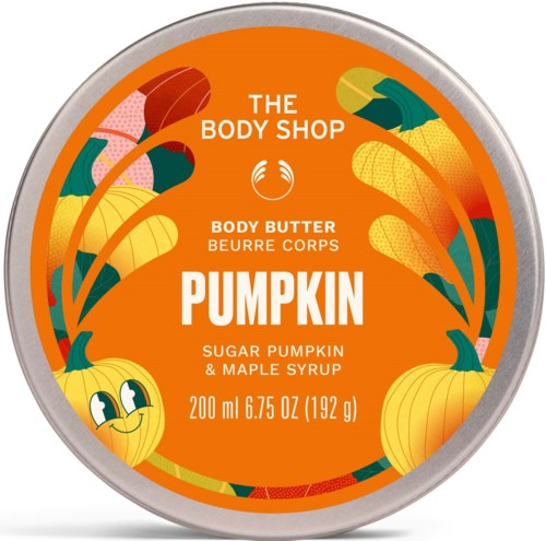 Circled body butter container with pumpkin illustrations, orange label, and text indicating pumpkin flavor and ingredient details.