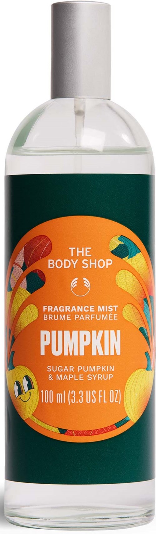 Fragrance mist bottle with a colorful pumpkin-themed label from The Body Shop.