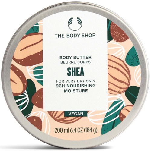 Kreisförmiger Behälter mit Sheabutter, mit Blätter- und Nusssymbolen, vegan, für sehr trockene Haut.