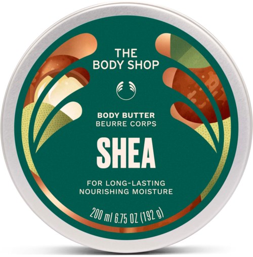 En rund behållare med shea kroppssmörj från The Body Shop, har teal och färgglada grafik samt produktuppgifter.