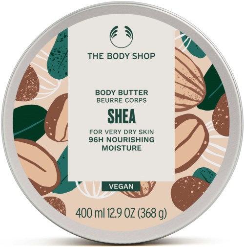 Runde Dose mit Sheabutter, Naturblatt-Design, vegan, für sehr trockene Haut, 400ml.