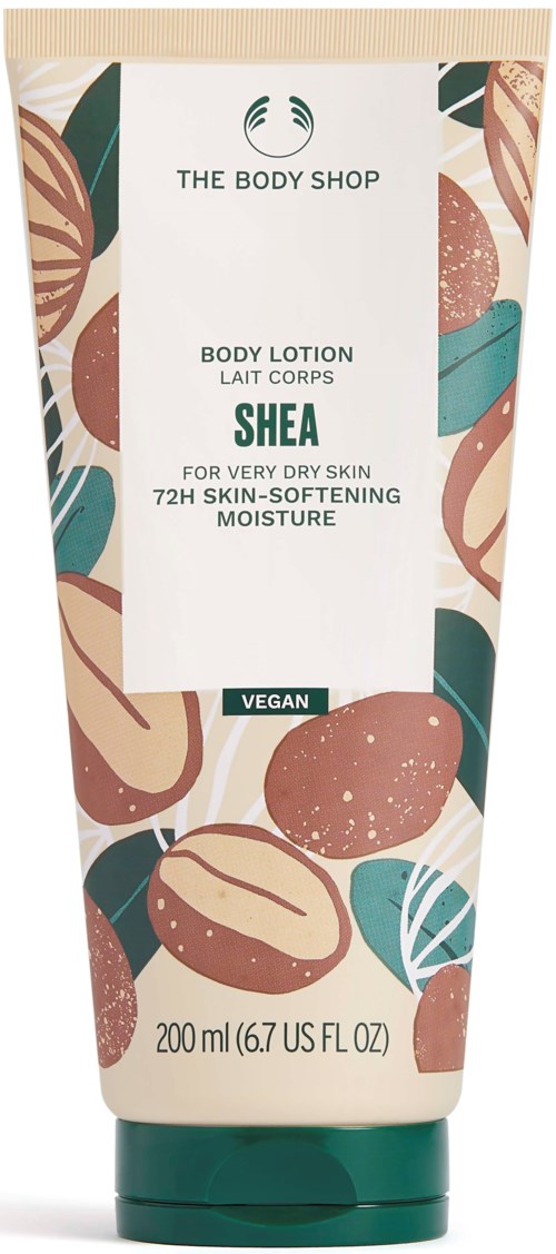 En tub med Shea-kroppslotion från The Body Shop, 200 ml, med naturliga och veganska ingredienser.