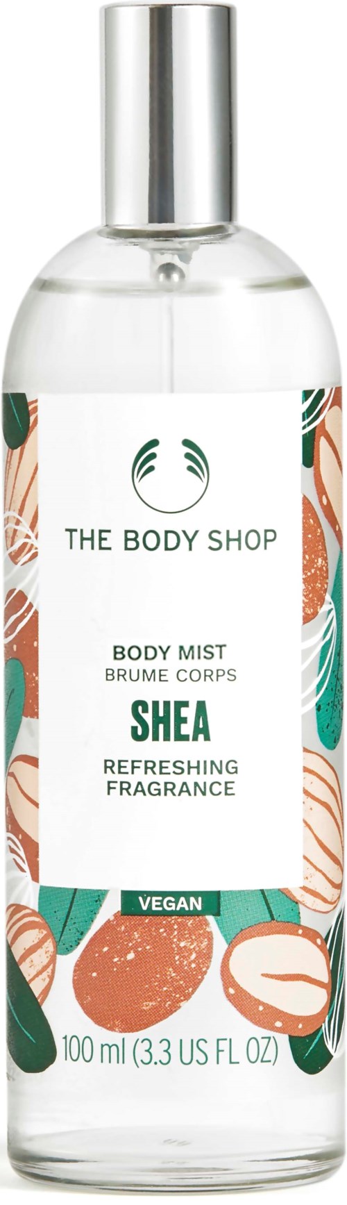 Eine klare Körpersprühflasche mit botanischem Design, genannt Shea Refreshing Fragrance, vegan, 100 ml.