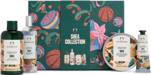 Shea-kokoelman joululahjapakkaus sisältää vartalovoiteita, suihkuvoidetta, käsivoiteen ja matkakokoja värikkäässä pakkauksessa.