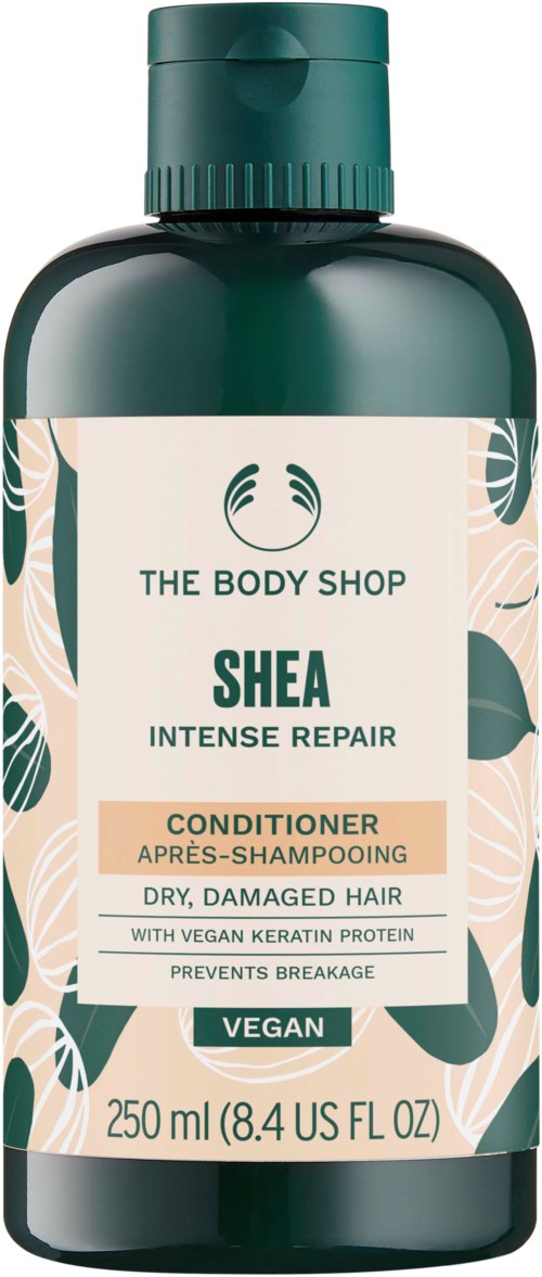 Eine grüne Flasche mit The Body Shop Shea Intense Repair Conditioner für trockenes, geschädigtes Haar, vegan, 250 ml.