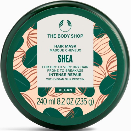 Etikett für Shea-Haarmaske von The Body Shop, vegan, für trockenes Haar, mit Seidenprotein, 240 ml.