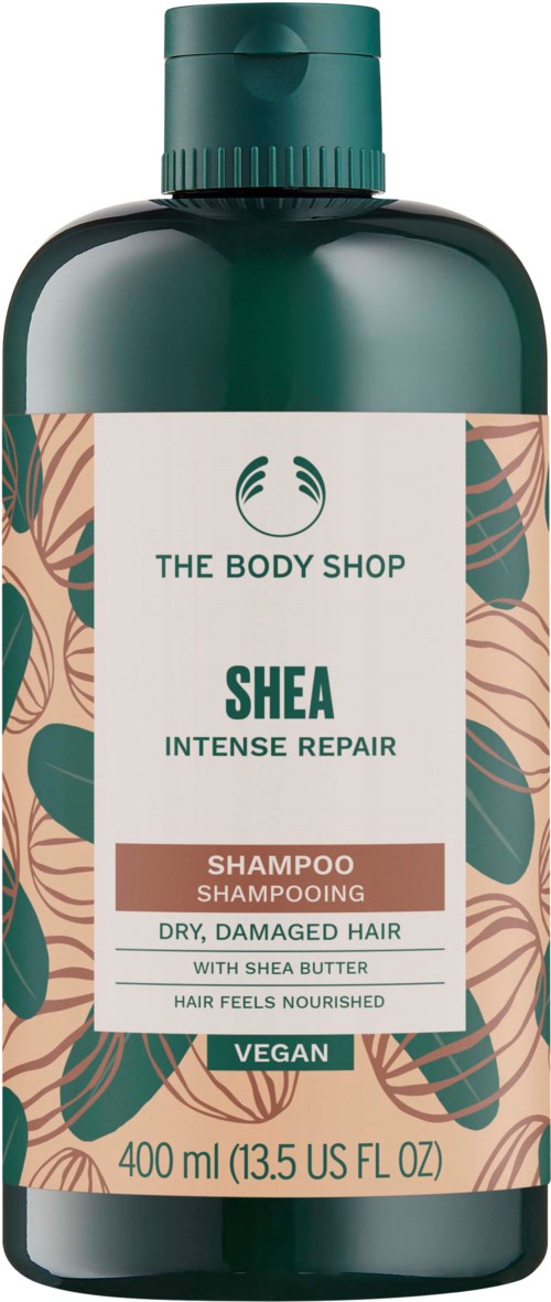 Ein Shampoo-Flasche von The Body Shop für trockenes, beschädigtes Haar mit Sheabutter, vegan, 400 ml.