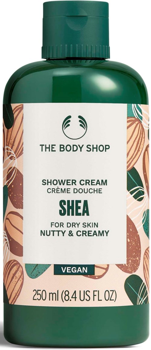 Grüne Flasche Shea-Duschcreme für trockene Haut, nussig und cremig, vegan, 250 ml.