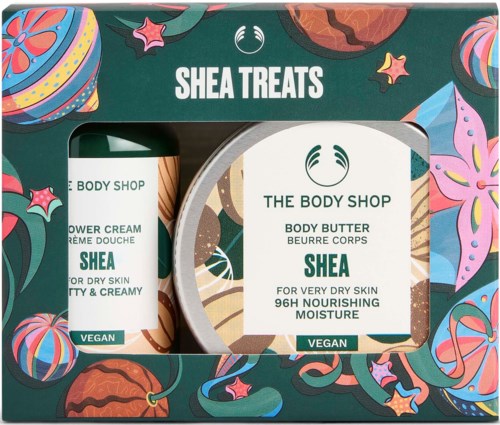 Pakkaus, jossa SHEA THE BODY SHOP vartalonhoitotuotteita, kuten vartalovoi ja suihkuvaahtoa, koristeena värikkäitä abstrakteja kuvioita.