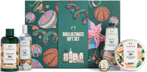 Shea Ultimate Gift Set sisältää ihonhoitotuotteita pulloissa ja rasioissa värikkäällä ja kuvioidulla laatikon taustalla.