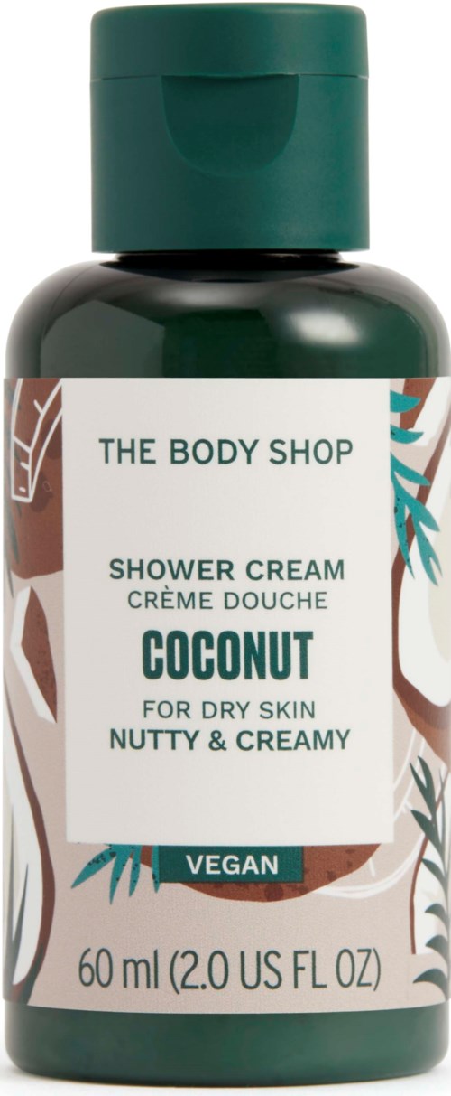 Eine kleine Flasche Kokos-Duschcreme für trockene Haut, vegan, von The Body Shop.