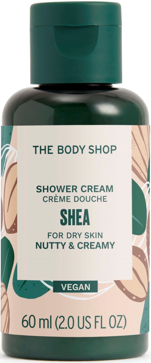 Green bottle of Shea shower cream with leaves design, for dry skin, vegan, 60ml.