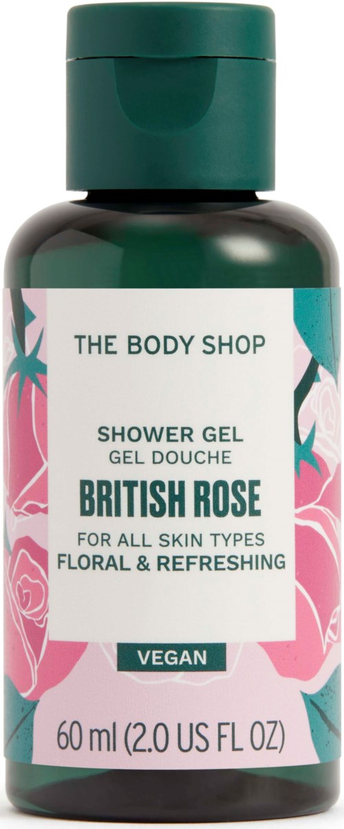 Pieni pullo British Rose suihkugeeliä, pinkki ja vihreä kukkakuosi, vegaaninen merkintä, 60 ml.