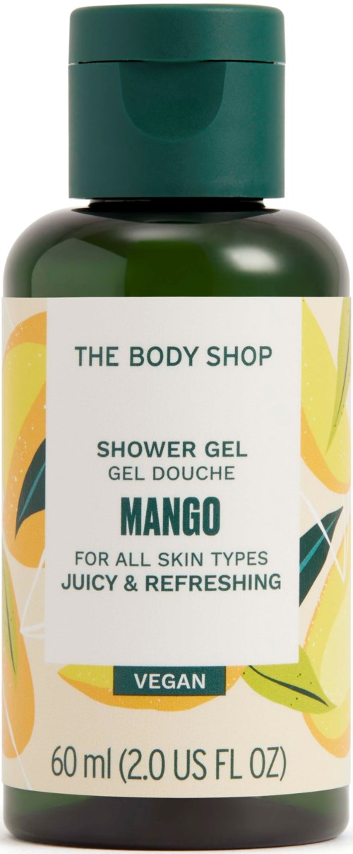 Kleine grüne Flasche mit Mango-Duschgel von The Body Shop, geeignet für alle Hauttypen, vegan und erfrischend.
