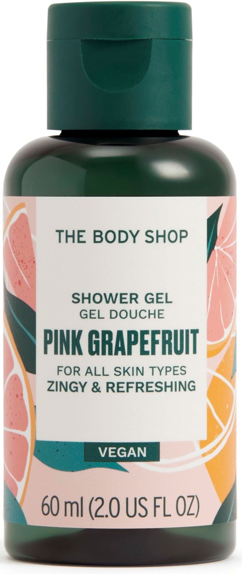 A small green bottle of The Body Shop pink grapefruit shower gel, vegan, for all skin types, 60 ml size.