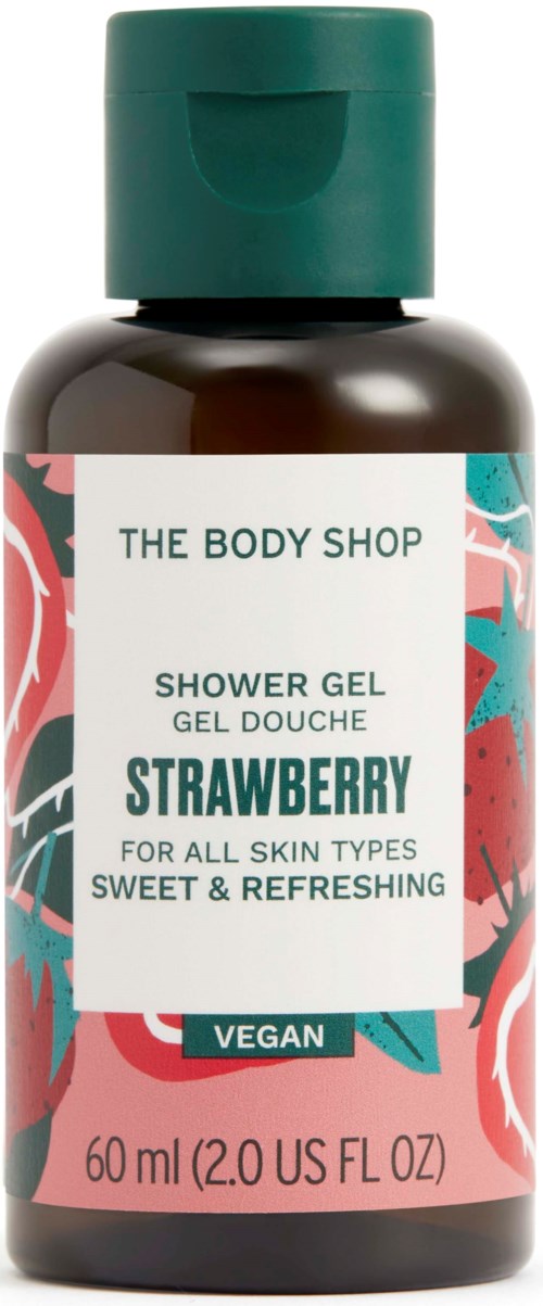60 ml Flasche mit Erdbeer-Duschgel von The Body Shop, vegan, mit buntem Etikett und grünem Deckel.