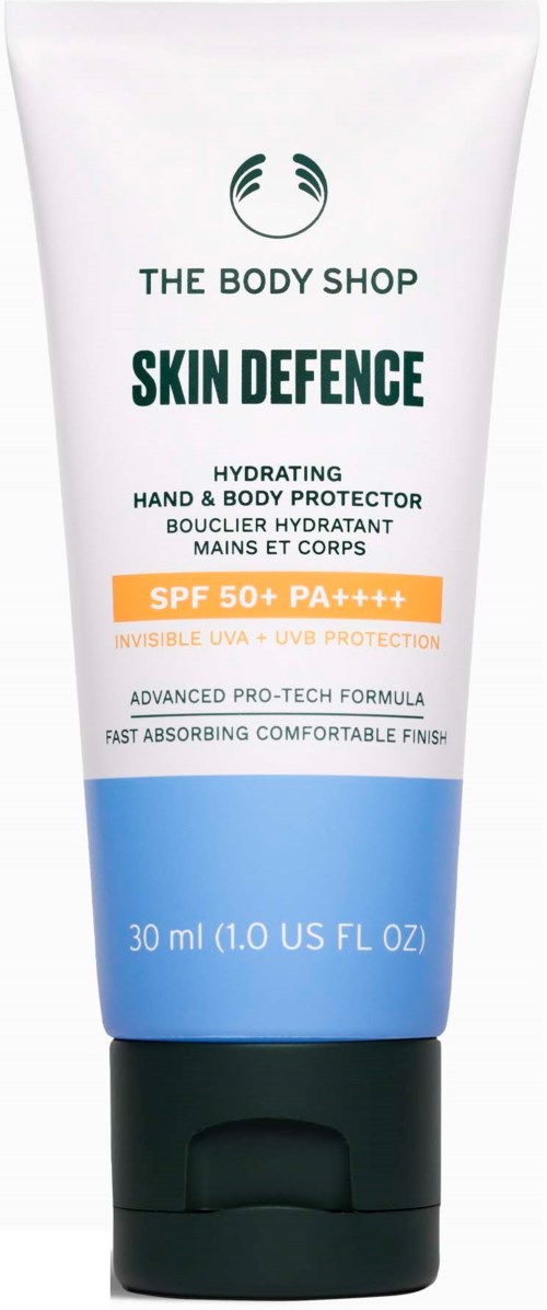 The Body Shop skin defense hydrating hand and body protector in a white and blue tube with SPF 50+.