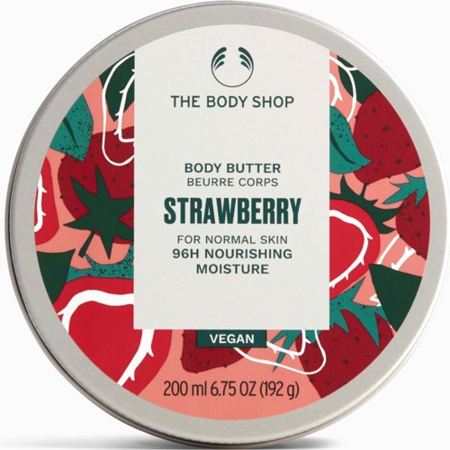 Runder Behälter mit Erdbeer-Body-Butter mit buntem Obst- und Blätterdesign, vegan, 200 ml, nährend und feuchtigkeitsspendend.