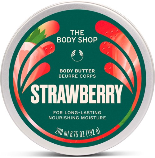 En rund burk med jordgubbs body lotion från The Body Shop, med bilder av jordgubbar och gröna blad på etiketten.