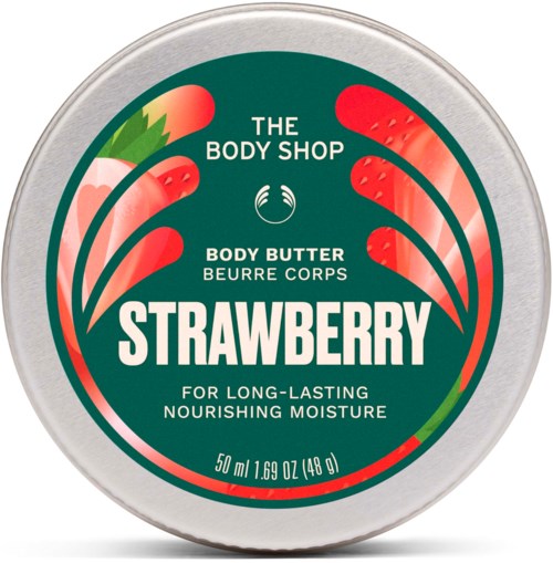 En rund burk med The Body Shop jordgubbskroppssmör med jordgubbsteckningar och produktinformation på locket.