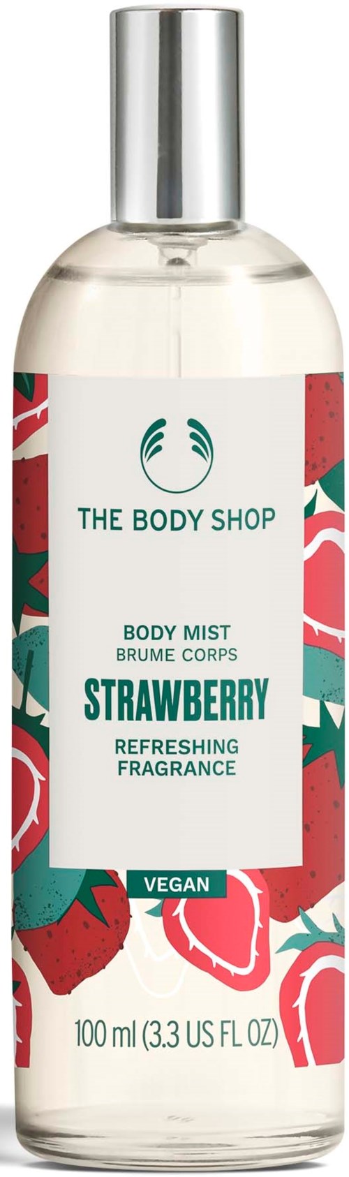 Klare Körperspühsprayflasche mit rotem und grünem Fruchtmusteretikett. Von The Body Shop, Erdbeerduft.