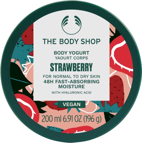 Ein runder Behälteraufkleber für Body Shop Erdbeer-Body-Yogurt, vegan, für trockene Haut, mit Hyaluronsäure, 200 ml.