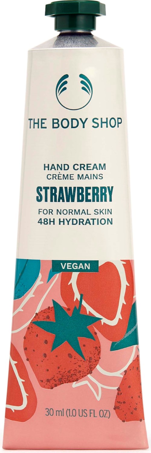 Eine Tube Erdbeer-Handcreme von The Body Shop, vegan, für normale Haut, 30 ml.