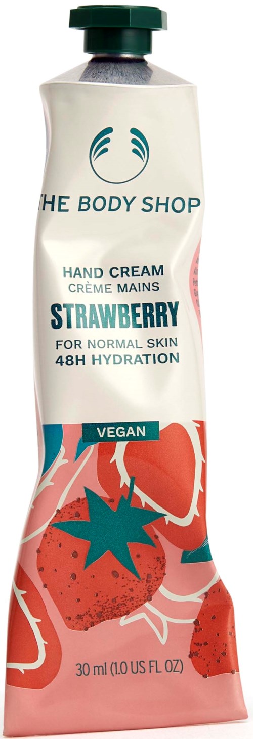 Eine Tube Handcreme mit Erdbeermuster, vegan gekennzeichnet, für normale Haut, 48 Stunden Feuchtigkeitsversorgung.