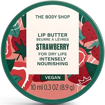 Rundes Etikett für vegane Lippenbutter mit Erdbeergeschmack, feuchtigkeitsspendend für trockene Lippen, von The Body Shop, 10 ml.