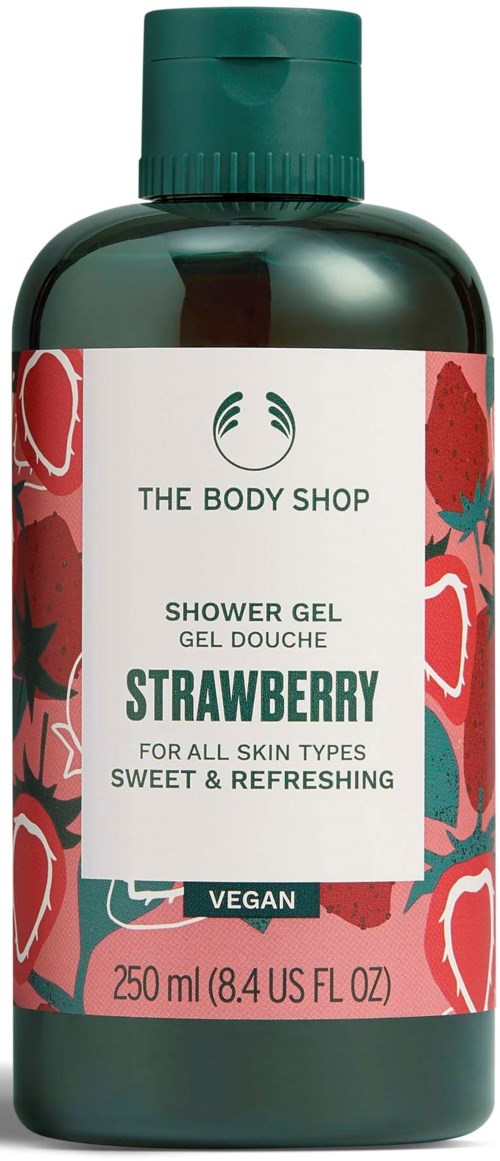Eine grüne Flasche mit Erdbeer-Duschgel von The Body Shop, vegan und für alle Hauttypen geeignet.