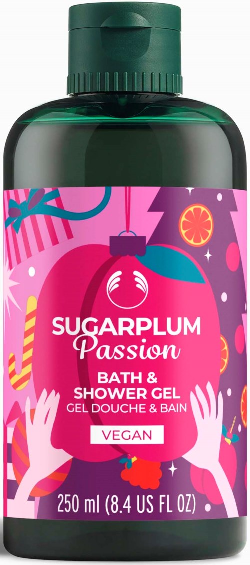 A bottle of vegan bath and shower gel called Sugarplum Passion with colorful holiday-themed design.
