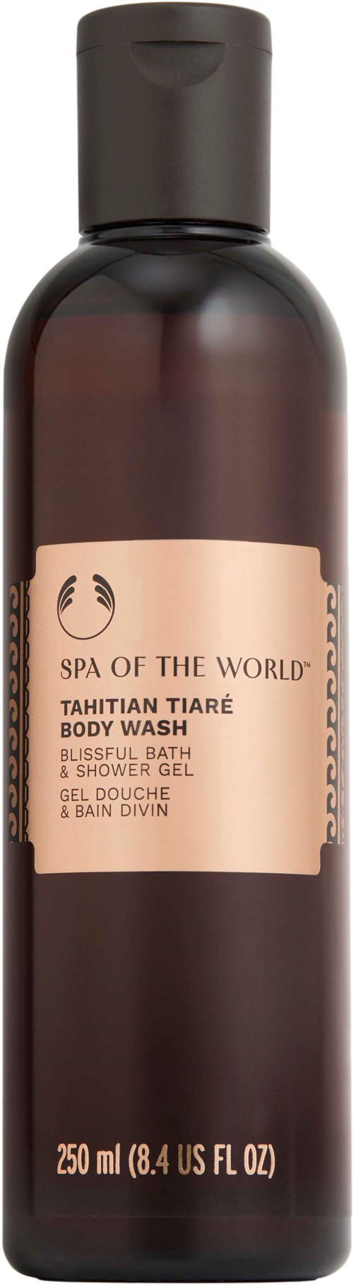 En mørk brun flaske med et lyst rosa etikett, inneholder kroppsvask merket "Spa of the World" og "Tahitian Tiare".
