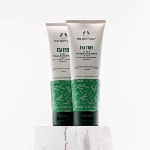Två tuber av The Body Shop Tea Tree 3-i-1 tvätt, skrubb och mask med grönt bladmönster och svarta fliplock.