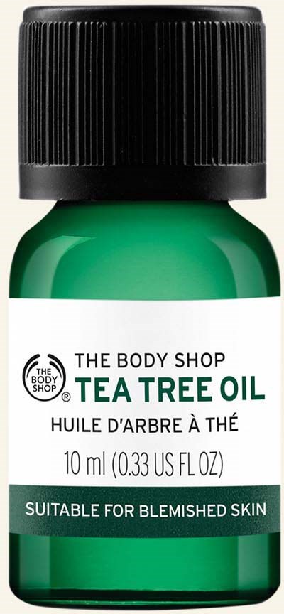 Liten grön flaska med teträdsolja. Passar för irriterad hud. Från The Body Shop.