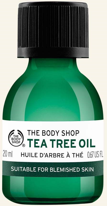 Grön flaska med Tea Tree Oil från The Body Shop, 20 ml, för skin med orenheter.