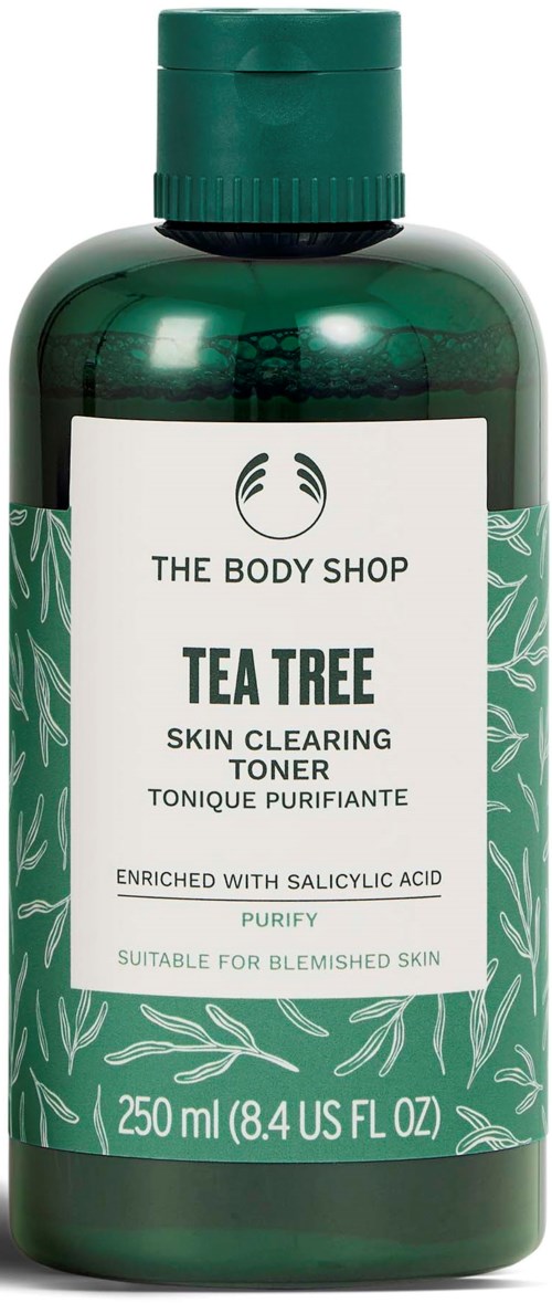 Grønn flaske med The Body Shop Tea Tree hudrensende toner egnet for uren hud.