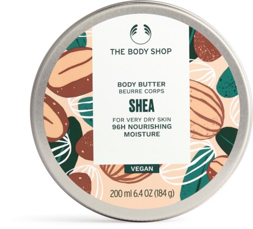 Ein runder Behälter mit Shea-Bodylotion, bunten Nuss- und Blätterrillustrationen und Vegan-Label.