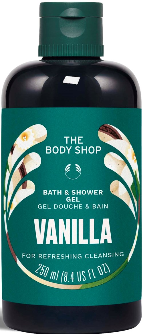 A black bottle with a green label showing vanilla scent, bath and shower gel, and 250 ml volume.