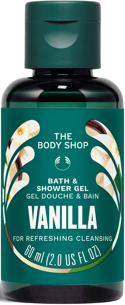 A small dark bottle with a green lid and label, toothpaste brand, vanilla-scented bath and shower gel.