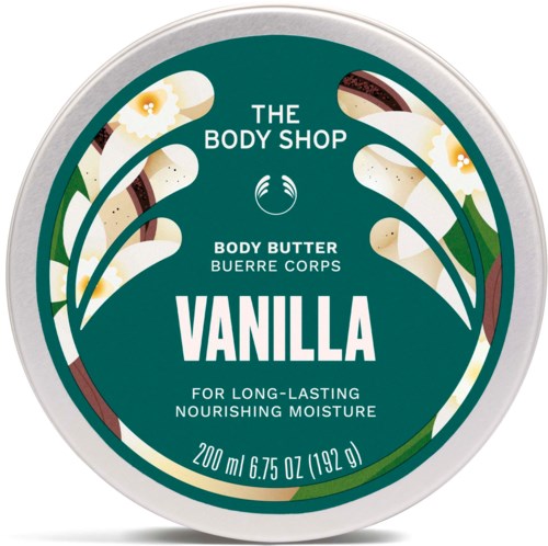 Vanilla body butter with floral and leaf designs, branded by The Body Shop, offers nourishing moisture.