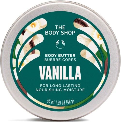 The label is from The Body Shop vanilla body butter, offering long-lasting nourishing moisture, in a 50 ml container.