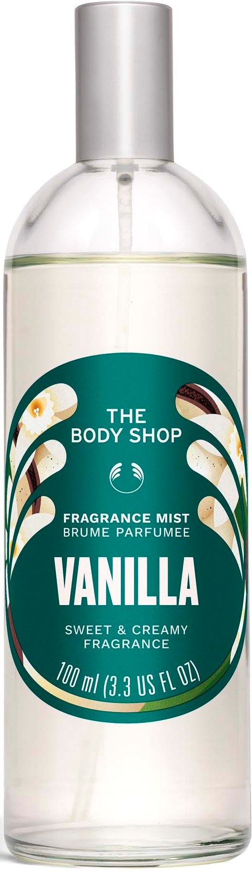 En gjennomsiktig sprayflaske med et grønt og hvitt merke som sier Vanilje duftmåling fra The Body Shop.