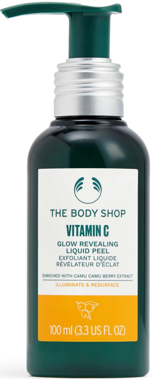 Ein dunkelgrüne Flasche mit Pumpkopf Inhalt ist Vitamin C-Leuchtende flüssige Peeling von The Body Shop.