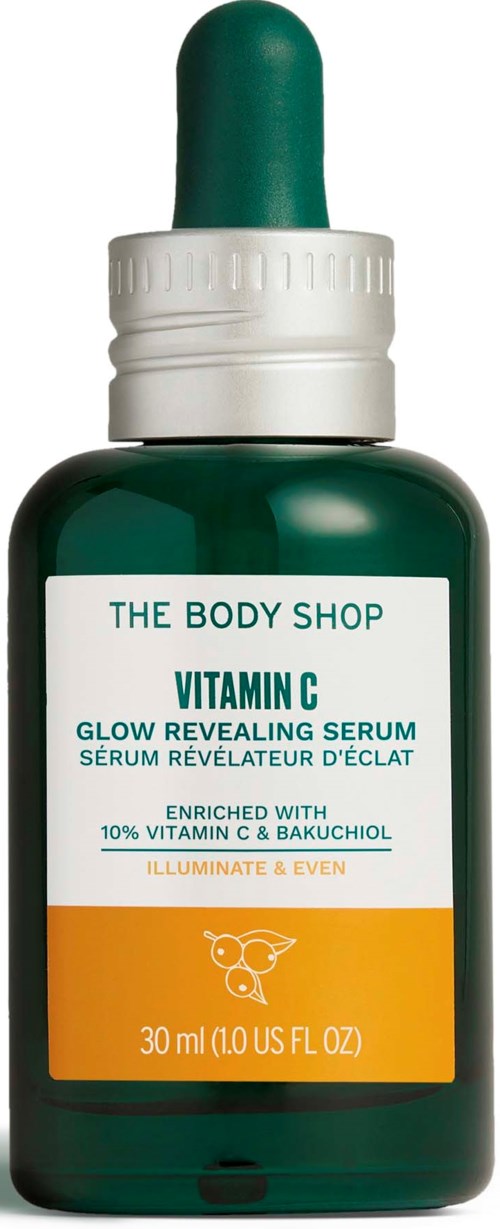 Eine grüne Flasche mit Vitamin C Serum von The Body Shop mit Pipettendeckel.