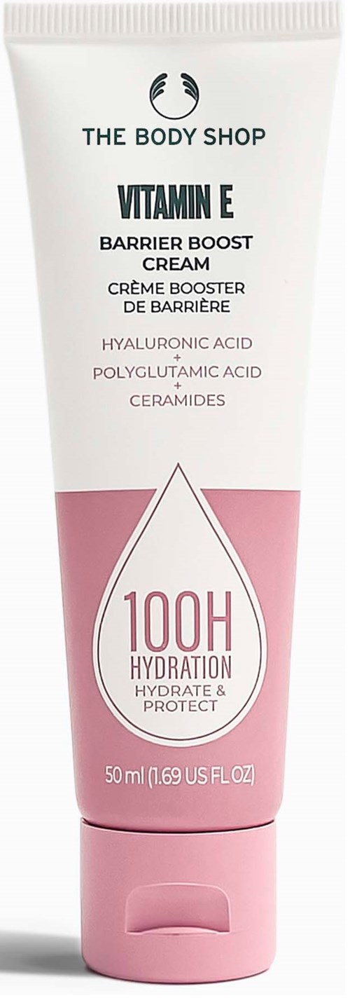 Rosa und weiße Tube mit Vitamin E Barriere-Boost-Creme von The Body Shop mit hydratisierenden und schützenden Eigenschaften.