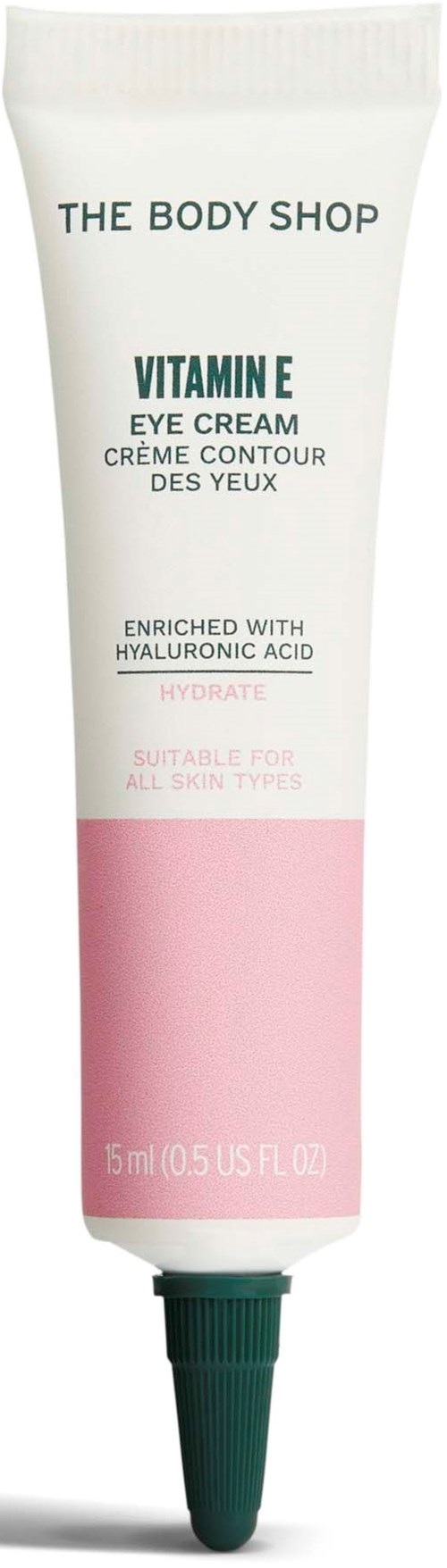 Tube of The Body Shop Vitamin E eye cream with white and pink packaging and green applicator tip.