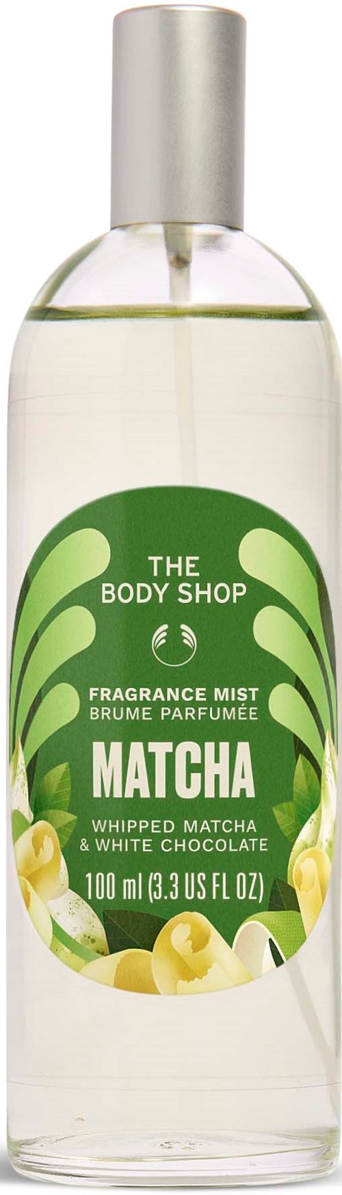 Tuoksumaisti, jossa matcha, vaahdotettu matcha ja valkoisen suklaan tuoksu, läpinäkyvässä pullossa vihreällä etiketillä.