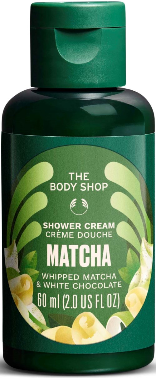 Vihreä pullo The Body Shop Matcha suihkuvoiteelle, jossa on vispattua matchaa ja valkoista suklaata, 60 ml, etunäytössä.