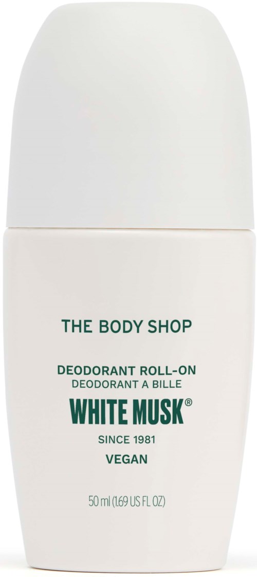 Vit roll-on deodorantflaska från The Body Shop med grön text, vegansk, sedan 1981.