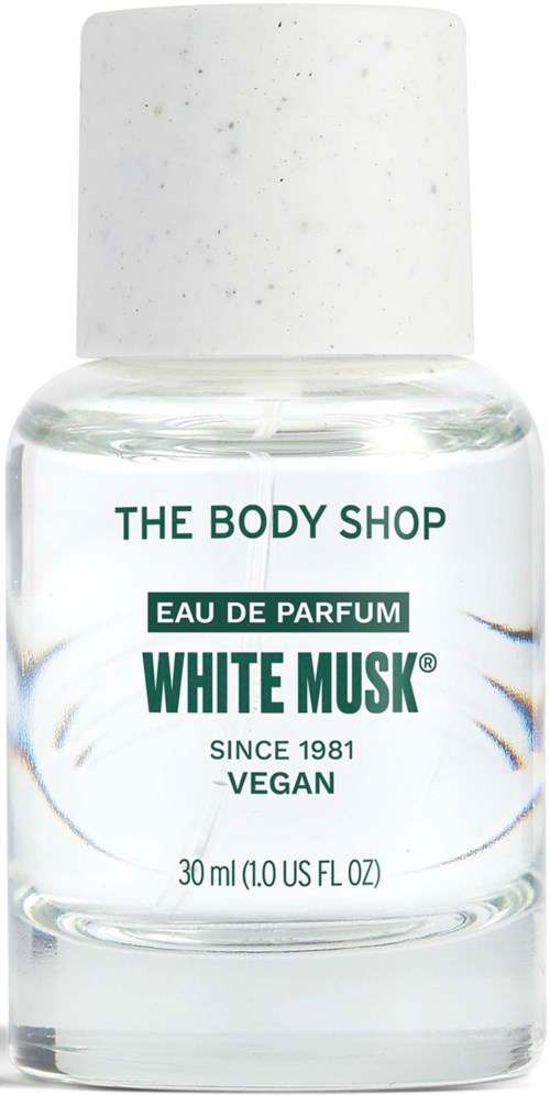 Kleine klare Flasche mit weißem Deckel mit der Aufschrift 'White Musk', vegan, 30 ml.